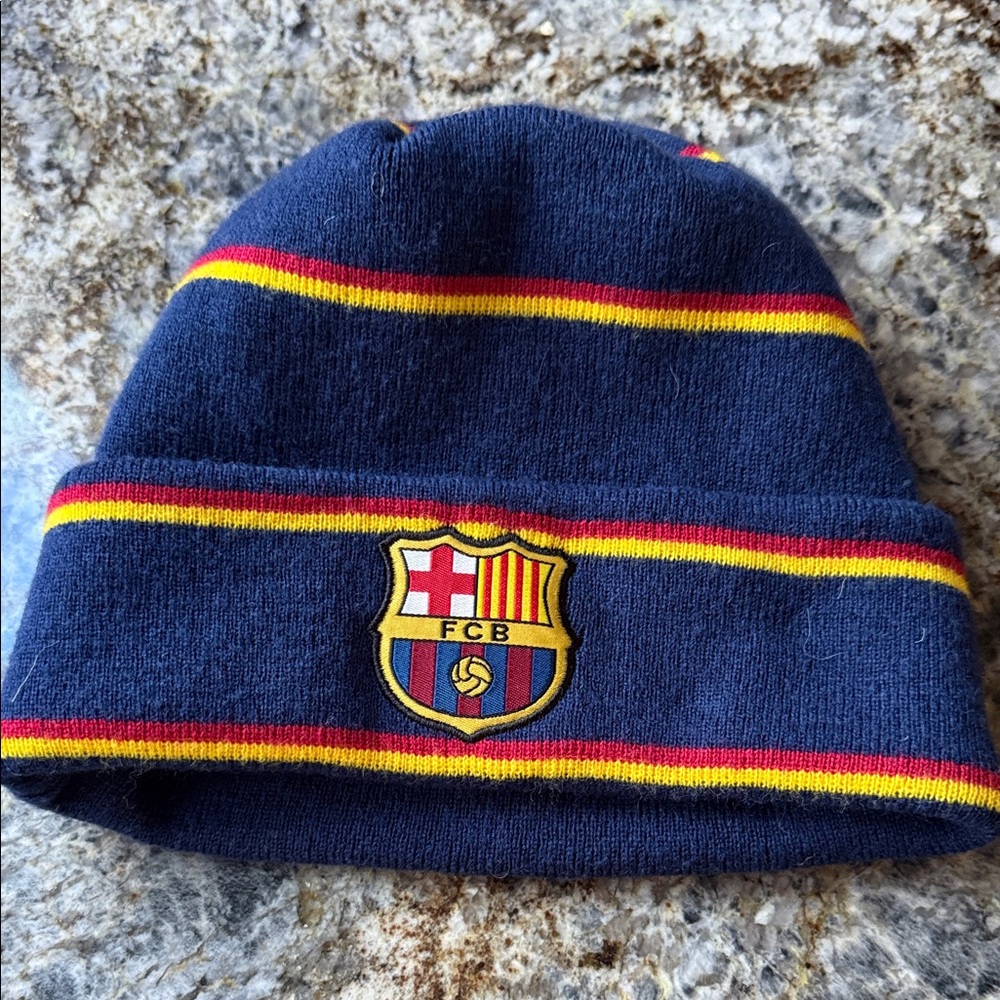 Navy Beanie with Red and Yellow Stripes